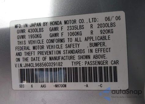 2006 Acura Tsx z USA, uszkodzony, nr VIN JH4CL96856C029182